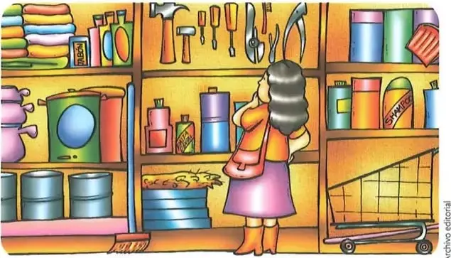 Ilustración de una tienda con diversos objetos y productos; el estudiante debe reconocer cuáles sirven para limpiar la vivienda.