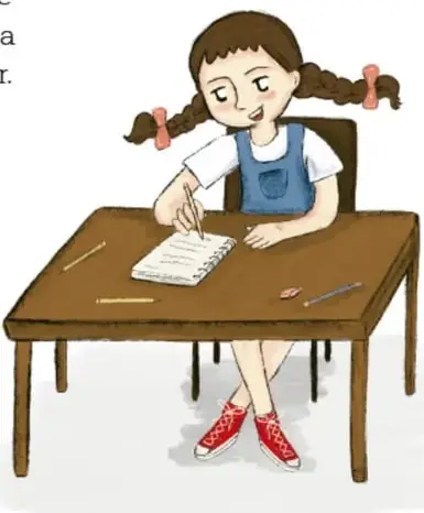 Ilustración de una niña con cabello trenzado escribiendo en un cuaderno sobre un pupitre, con lápices de colores; debajo aparece el crédito 'Luz Fernanda Jacinto Rodero, CIUDAD DE MÉXICO'.