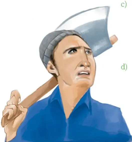 Ilustración de un leñador con gorro y camisa azul que carga un hacha sobre el hombro, con expresión preocupada; pie de foto: Carlos Enrique Villarreal Morales, Veracruz.