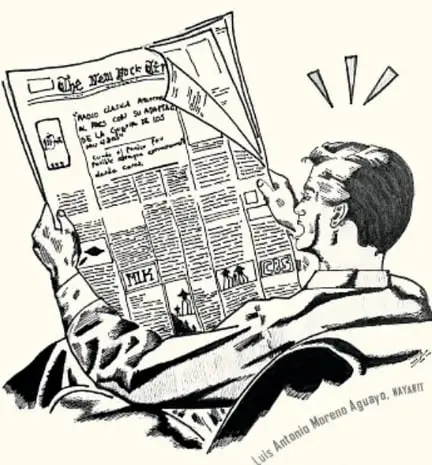 Ilustración de un hombre leyendo un periódico con expresión de sorpresa; el periódico muestra titulares sobre la invasión marciana. Firma: Luis Antonio Moreno Aguirre, Nayarit.