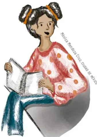 Ilustración de una niña con cabello recogido en dos chonguitos, sentada y leyendo un cuaderno; viste blusa roja con puntos y pantalón de mezclilla.