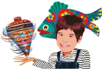 Ilustración de un niño con un pez de colores y un trompo girando; crédito: Raymundo Gutiérrez González, Tlaxiaca.