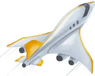 Ilustración de un avión blanco con aletas amarillas despegando con líneas de velocidad.