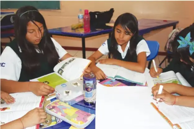Grupo de estudiantes trabajando en comunidad alrededor de una mesa con libros de texto y material de escritura.