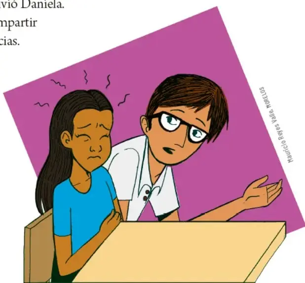 Ilustración de una estudiante con expresión de malestar y signos de estrés, acompañada por un adulto joven con lentes que le habla con calma y gesto de apoyo.
