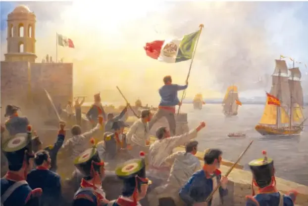 Pintura histórica que muestra a un grupo de personajes en un puerto: soldados y civiles ondean la bandera del Primer Imperio Mexicano frente a un fuerte con torreón, mientras al fondo navegan embarcaciones de vela. Representa la proclamación de la Independencia y el ambiente portuario de 1821.