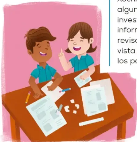 Ilustración de dos estudiantes sentados en un pupitre revisando hojas y planeando su trabajo.