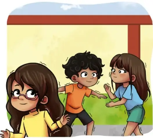 Ilustración de tres niños formando un círculo para bailar.