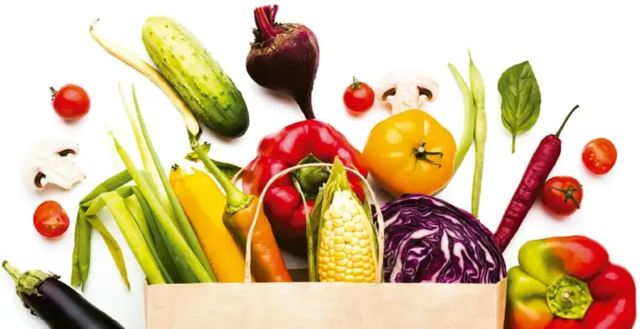 Variedad de verduras frescas dentro y alrededor de una bolsa de papel: pepino, betabel, jitomates, champiñones, elotes, zanahorias, cebollas, chiles, col morada y hojas verdes.