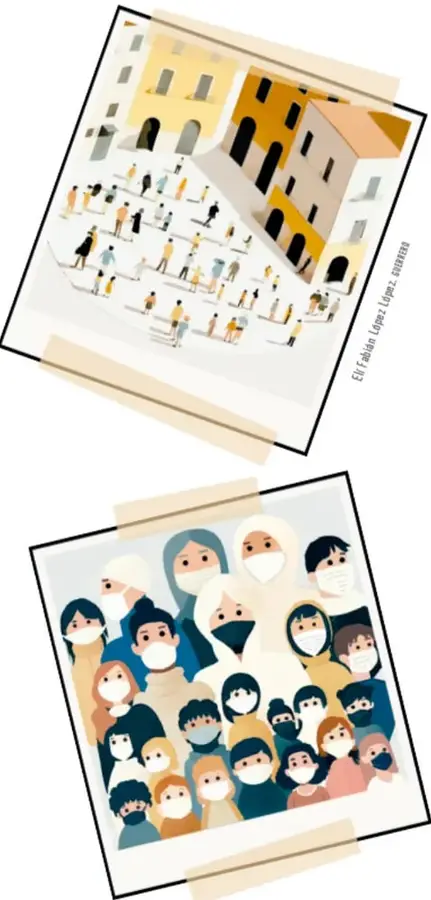 Ilustración enmarcada vista desde arriba: una plaza con muchos niños y niñas jugando y conversando entre edificios amarillos.