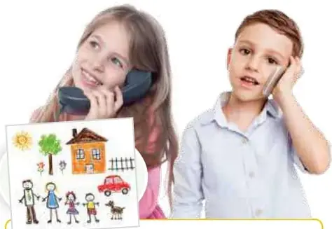 Niña hablando por teléfono con un dibujo de una casa y una familia