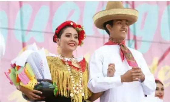 Fotografía de una pareja con vestimenta tradicional mexicana (traje folklórico con flores y sombrero), posiblemente en un desfile o evento cultural, ilustrando la diversidad cultural y la tradición.