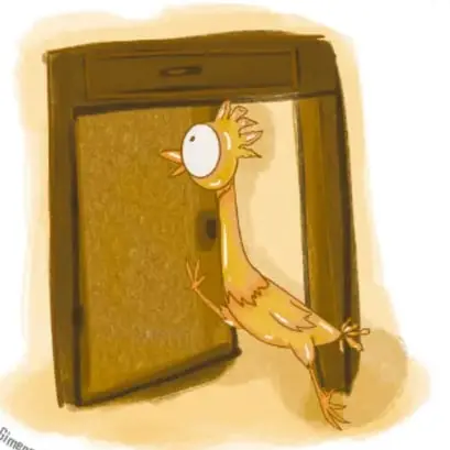 Ilustración de Wulfrano, un pollo amarillo, asomándose por una puerta de madera.