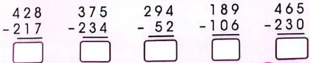 Cinco restas verticales para resolver en parejas y una imagen de un ábaco.