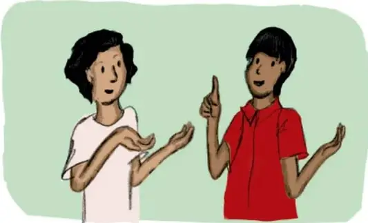 Ilustración de dos estudiantes dialogando: una joven con playera blanca y un joven con playera roja, sobre fondo verde claro. Crédito: Mónica Mendoza Cruz, Ciudad de México.