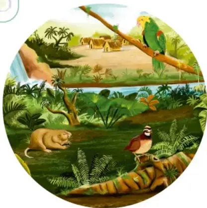 Ilustración circular de un paisaje selvático con un loro verde, un ave, un animal terrestre y palmeras.