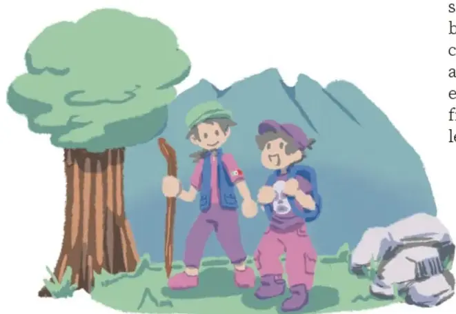 Ilustración de dos niños con mochilas y bastones de senderismo caminando junto a un árbol, con montañas al fondo.