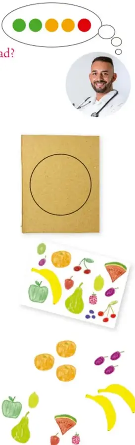 Ilustración del doctor Lechuga con bata y estetoscopio, junto a un globo de diálogo con cinco círculos de colores: verde, amarillo, naranja, rojo y morado.