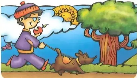 Ilustración de una persona paseando a su perro con correa en un parque.