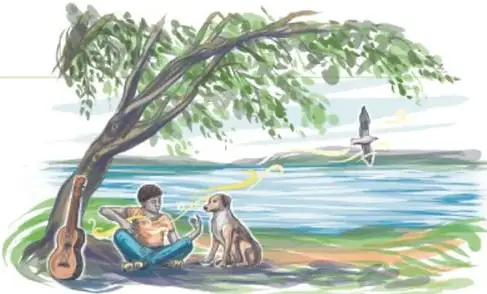 Ilustración de un niño sentado bajo un árbol con una guitarra y un perro, junto a un río.