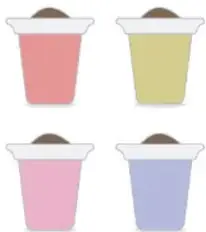 Cuatro recipientes (macetas) pequeños de colores (rojo, verde, rosa, morado) con tierra, que representan los recipientes perforados a llenar.