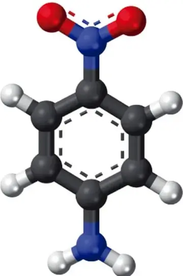 Modelo tridimensional de una molécula (parece ser una molécula orgánica con anillo de benceno y grupos funcionales con átomos rojos de oxígeno, azules de nitrógeno, grises de carbono y blancos de hidrógeno), que ejemplifica la representación visual de átomos y moléculas.
