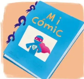 Ilustración de un cuaderno azul con el título 'Mi cómic' y un superhéroe en la portada.