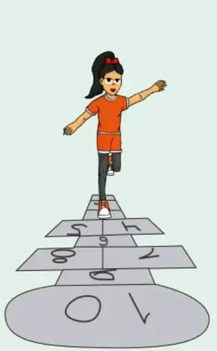 Dibujo de una niña con camiseta naranja saltando con un pie sobre el tablero del avión: casillas en forma de avión con alas (4-5 y 7-8), casillas 2, 3, 9 y una zona final con círculo y palito. Crédito vertical: Óscar Felipe Arellano Vals, GUERRERO.