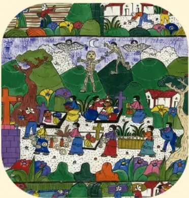 Ilustración colorida de una comunidad con personas, animales, montañas y cultivos, que representa el arte y sus formas de manifestación.