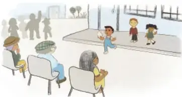 Ilustración de dos estudiantes de primaria sosteniendo libros frente a un mural con la palabra COMUNIDAD, junto a una ventana y plantas.