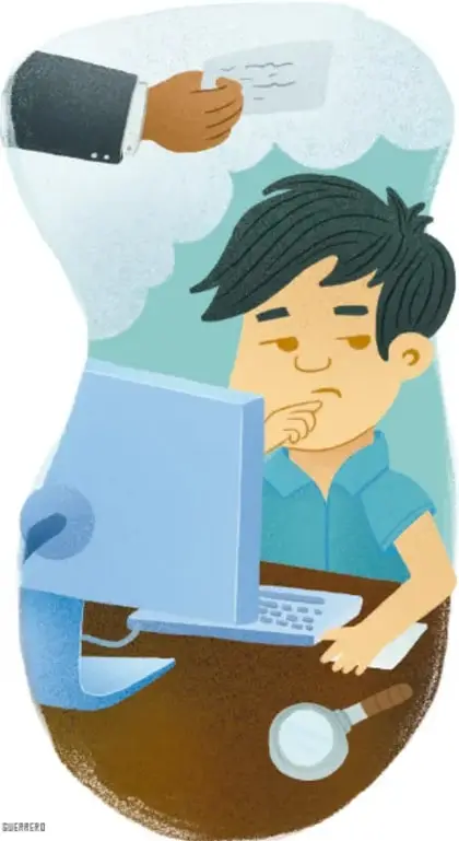 El niño detective, preocupado frente a una computadora, imagina una mano que le arrebata una carta; en la mesa hay una lupa. Crédito: Carlos Emmanuel Cano Morales.