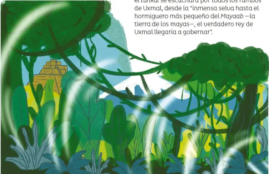 Selva maya densa con enredaderas, y a lo lejos una pirámide escalonada dorada que representa Uxmal; los trazos curvos sugieren que el sonido del tunkul viaja por la selva.