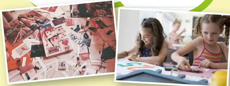 Mesa con revistas recortadas y trozos de papel de colores, materiales para hacer el póster.