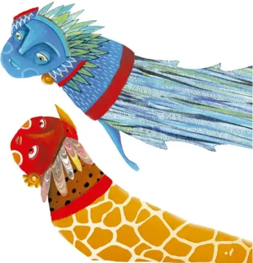 Ilustración de dos serpientes emplumadas: una azul con plumas y otra con cuerpo amarillo y detalles rojos, que representan a Quetzalcóatl.