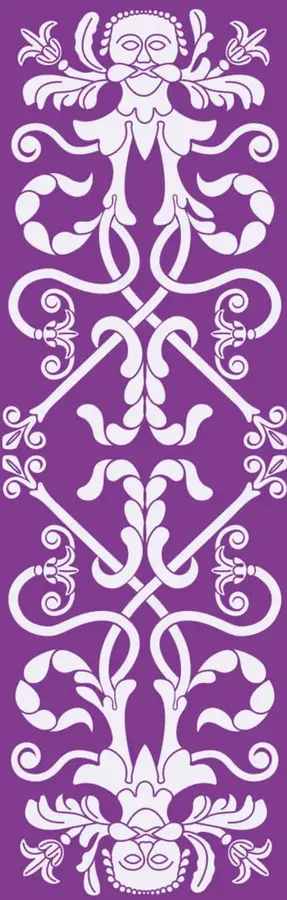 Franja vertical morada con un patrón decorativo blanco simétrico de estilo tradicional mexicano (motivos florales y figuras antropomorfas estilizadas).