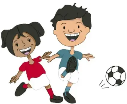 Ilustración de dos niños jugando fútbol con un balón. Crédito: Luis Antonio Moreno Aguayo, WAYARIT.
