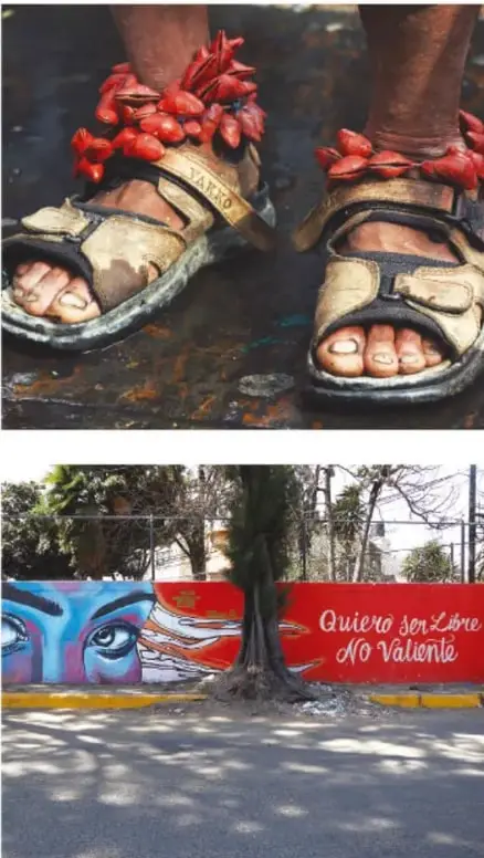 Pies con sandalias y flores rojas alrededor de los tobillos, sobre una superficie húmeda.