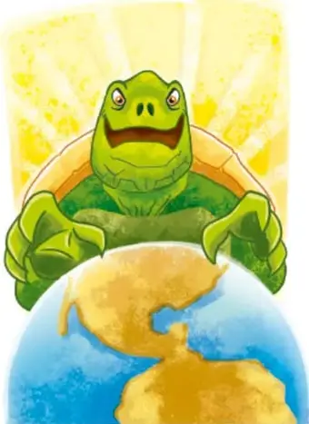 Niño malabarista con pelotas de colores haciendo equilibrio sobre una tabla, con una tortuga verde al lado; representa los 'trucos' de la narración.