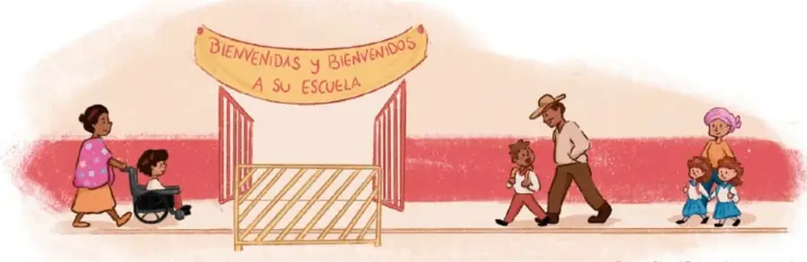 Ilustración de la entrada de una escuela con cartel que dice BIENVENIDAS Y BIENVENIDOS A SU ESCUELA; familias e infantes ingresando, incluida una niña en silla de ruedas acompañada. Crédito: Paloma Sirani Zataray Mora, Michoacán.