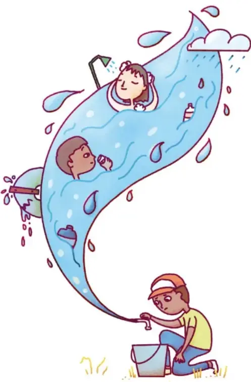 Ilustración de una gota de agua gigante con personas duchándose, nadando y bebiendo, y un niño llenando un cubo con una ll