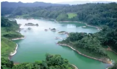 Fotografía de un lago rodeado de vegetación y montañas, con el título 'Lago'.