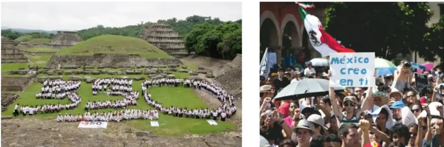 Fotografía aérea de una zona arqueológica (teotihuacana) donde muchas personas forman con sus cuerpos la cifra 350 en el pasto.