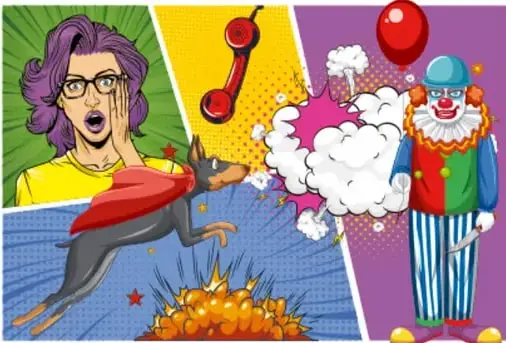 Ejemplos de globos de texto de distintas formas (elipse, rectángulo, nube, explosión) en varios colores.
