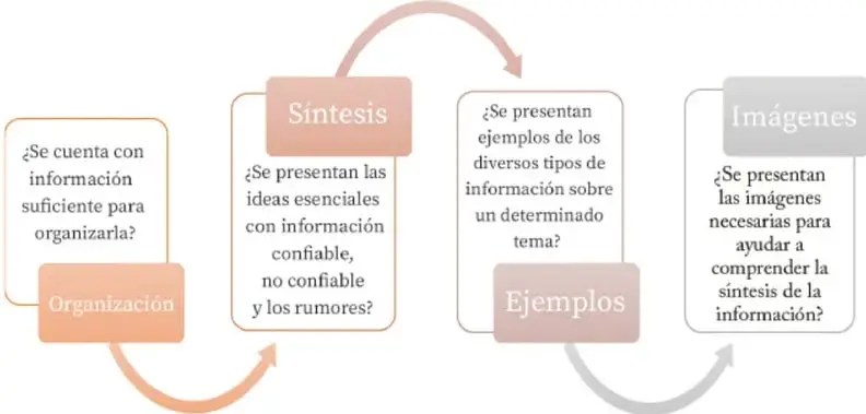 Diagrama de flujo con cuatro criterios de revisión: Organización, Síntesis, Ejemplos e Imágenes, conectados por flechas curvas.