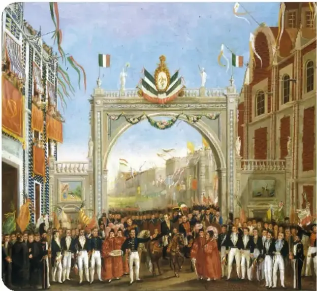 Pintura que muestra la entrada solemne y pacífica del Ejército Trigarante a la Ciudad de México el 27 de septiembre de 1821, con un arco decorado y multitud.