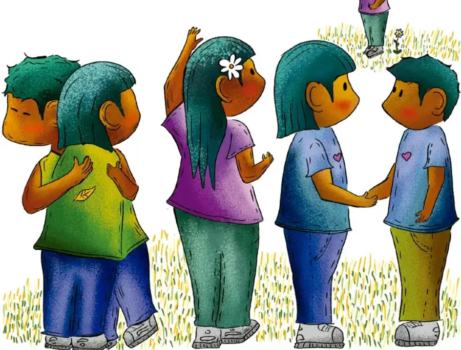 Ilustración de cinco niños y niñas en un prado: dos se abrazan de espaldas, una niña levanta la mano para saludar, otra observa y dos se dan la mano. Al fondo, una niña más pequeña saluda a lo lejos. Crédito: Luis Fernando Sotelo Gaspar, Querétaro.