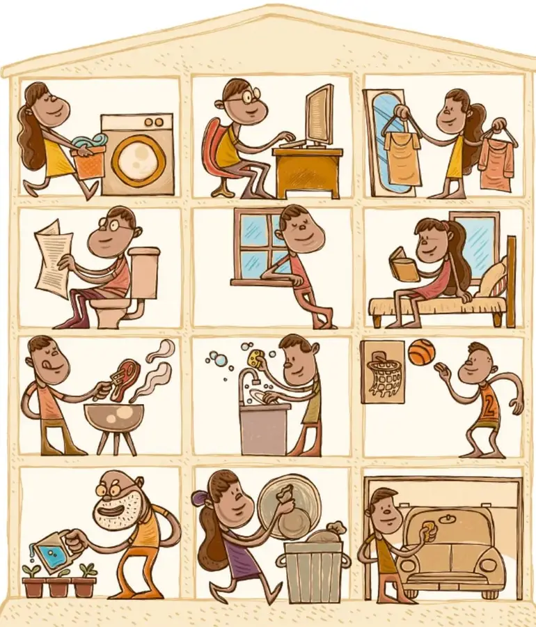 Ilustración de una casa de cuatro niveles con 12 recuadros; cada uno muestra a una persona realizando una actividad cotidiana: meter ropa a la lavadora, usar la computadora, elegir ropa frente a un espejo, leer el periódico, mirar por la ventana, leer un libro en la cama, asar carne en una parrilla, lavarse las manos, jugar baloncesto, regar plantas, sacar la basura y lavar el coche.