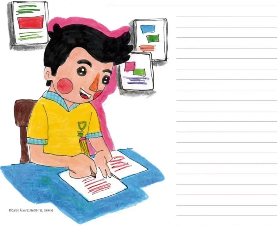 Ilustración de un niño sentado en un pupitre, escribiendo en una hoja con lápiz. Viste playera amarilla con cuello azul y tiene las mejillas sonrojadas. Detrás de él hay tres carteles o cuadros con líneas de colores. La escena representa el trabajo escolar y la reflexión escrita.
