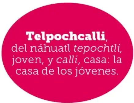 Óvalo rojo con la definición etimológica de Telpochcalli del náhuatl.