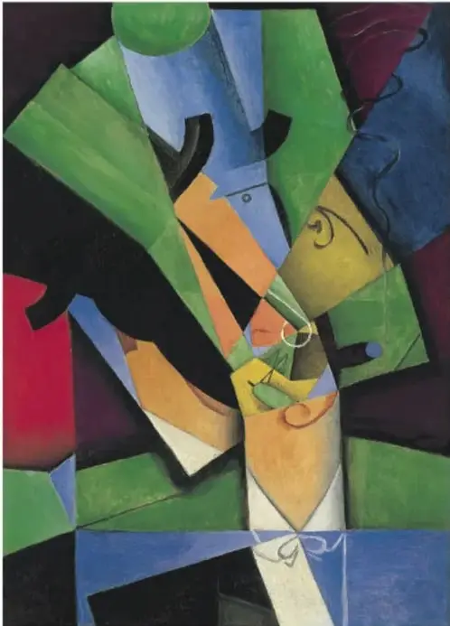 Reproducción del cuadro El fumador (1913) de Juan Gris, con colores vibrantes verdes, azules, amarillos y rojos, y formas geométricas superpuestas.